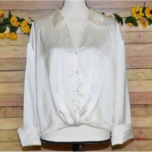 Sanctuary Ivory Button Front Collared Silky Blouse Top Size L V-Neck Career